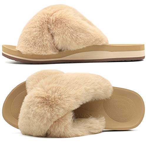 COFACE Zapatillas de Casa para Mujer Zapatillas de Felpa Pantuflas Cruzadas peludas Suave Cómoda Sandalia Plana Punta Abierta Antideslizante Interior Exterior Invierno Verano