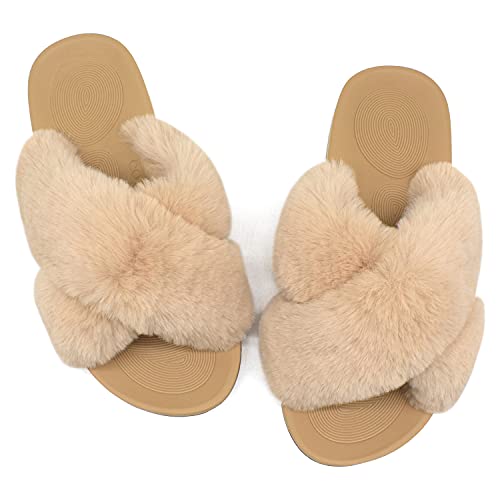 COFACE Zapatillas de Casa para Mujer Zapatillas de Felpa Pantuflas Cruzadas peludas Suave Cómoda Sandalia Plana Punta Abierta Antideslizante Interior Exterior Invierno Verano