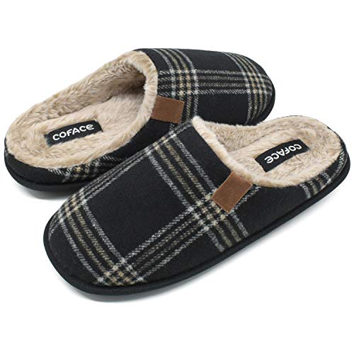 COFACE Zapatillas de Estar en Casa Hombre Tartán Invierno Cálido Forro de Felpa Pantuflas Alta Densidad Espuma de Memoria Zapatos con Antideslizante Suela Tallas 45