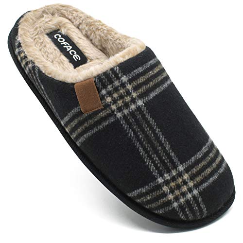 COFACE Zapatillas de Estar en Casa Hombre Tartán Invierno Cálido Forro de Felpa Pantuflas Alta Densidad Espuma de Memoria Zapatos con Antideslizante Suela Tallas 45