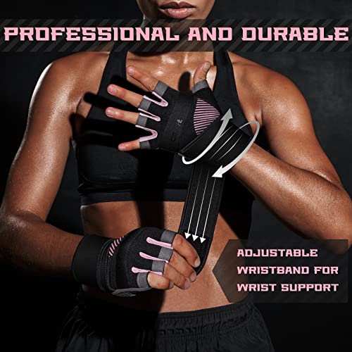 COFIT Guantes de Gimnasio para Mujer y Hombre, Transpirable Guantes de Fitness con Protección Completa de Muñeca y Palma para Levantamiento de Pesas - Rosado M