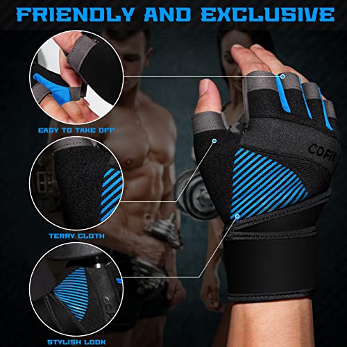 COFIT Guantes de Gimnasio para Mujer y Hombre, Transpirable Guantes de Fitness con Protección Completa de Muñeca y Palma para Levantamiento de Pesas - Azul S