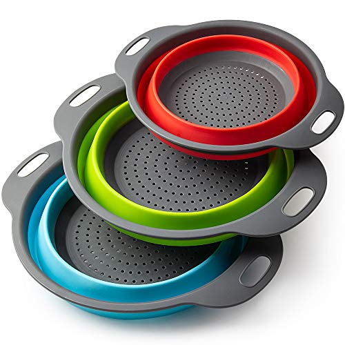 Colador de cocina plegable 3PCS Set Cocina Plegable Colador de Silicona 2 Tamaños Colador Plegable (Verde, Rojo, Azul)