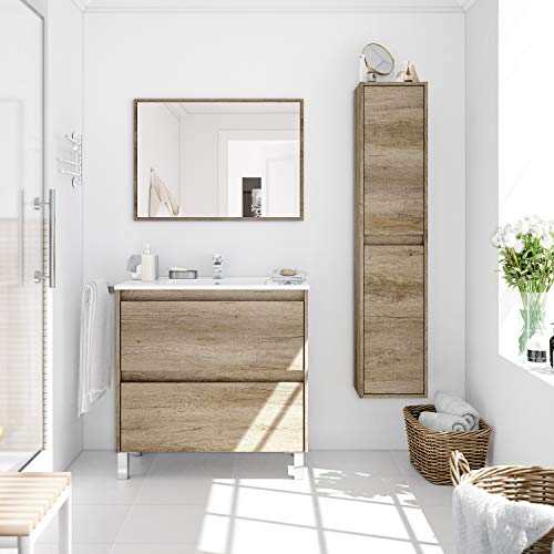 Columna de Baño Suspendido 2 Puertas, Mueble Lavabo, Modelo Dakota, Acabado en Color Nordik, Medidas: 30 cm (Largo) x 140 cm (Alto) x 25,5 cm (Fondo)