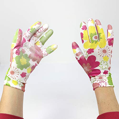 com-four® 2X Par de Guantes de Jardín en Talla 8 (M)- Guantes Protectores en un Diseño Floral para Mujeres- Guantes de Trabajo con Revestimiento Goma (02 Pares - Blanco/Coloreado - Talla M)