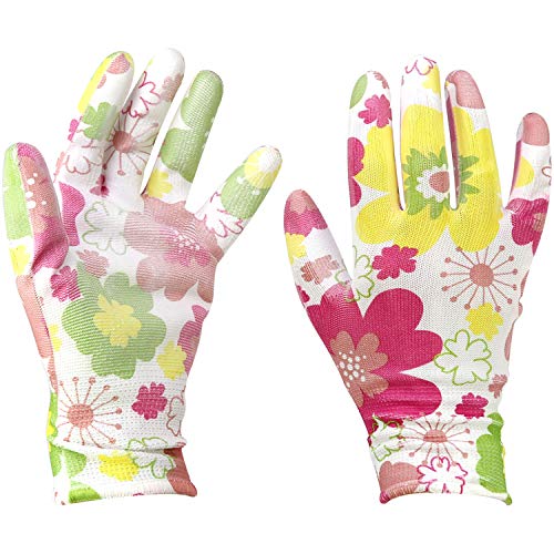 com-four® 2X Par de Guantes de Jardín en Talla 8 (M)- Guantes Protectores en un Diseño Floral para Mujeres- Guantes de Trabajo con Revestimiento Goma (02 Pares - Blanco/Coloreado - Talla M)