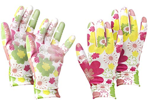 com-four® 2X Par de Guantes de Jardín en Talla 8 (M)- Guantes Protectores en un Diseño Floral para Mujeres- Guantes de Trabajo con Revestimiento Goma (02 Pares - Blanco/Coloreado - Talla M)