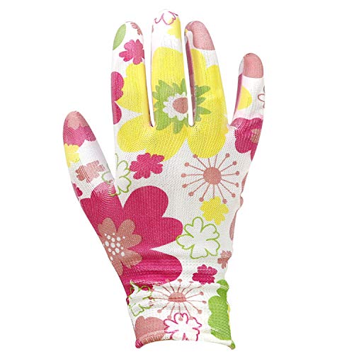 com-four® 2X Par de Guantes de Jardín en Talla 8 (M)- Guantes Protectores en un Diseño Floral para Mujeres- Guantes de Trabajo con Revestimiento Goma (02 Pares - Blanco/Coloreado - Talla M)