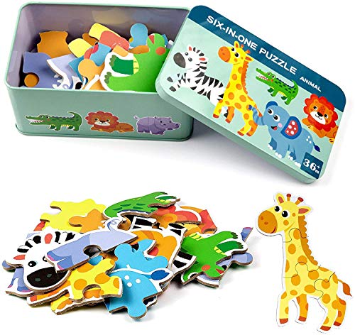 Comius Sharp Puzzle de Madera, 6 Pack Rompecabezas Puzzle Juguetes Bebes para Niños de 1 2 3 4 5 Años Montessori Educativos Regalos 3D Patrón Puzles con Caja de Rompecabezas de Metal (Animal)