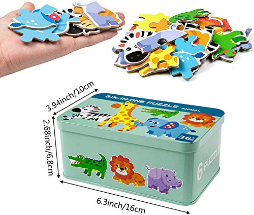 Comius Sharp Puzzle de Madera, 6 Pack Rompecabezas Puzzle Juguetes Bebes para Niños de 1 2 3 4 5 Años Montessori Educativos Regalos 3D Patrón Puzles con Caja de Rompecabezas de Metal (Animal)