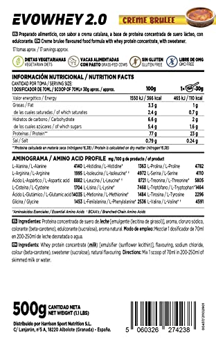 Concentrado de Proteína de Suero de HSN Evowhey Protein 2.0 | Sabor Crema Catalana 500 g = 17 Tomas | Whey Protein Concentrate para Ganar Masa Muscular | No-GMO, Vegetariano, Sin Gluten ni Soja