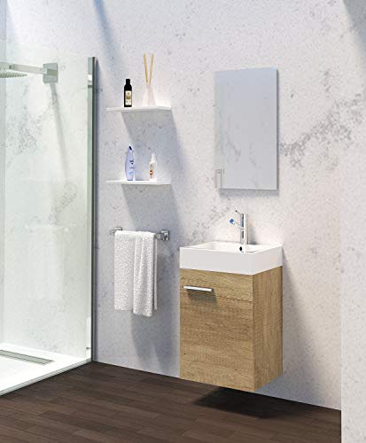 Conjunto De Mueble De Baño 45cm. Distribución De Una Puerta, Suspendido En Pared, con Lavabo cerámico y Espejo. Acabado Nature. Melamina 16. Las Medidas del Mueble Son 45 x 60 x 36 cm. Mueble MONTADO