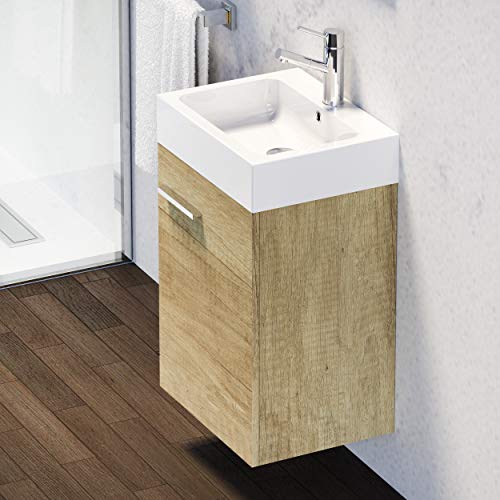 Conjunto De Mueble De Baño 45cm. Distribución De Una Puerta, Suspendido En Pared, con Lavabo cerámico y Espejo. Acabado Nature. Melamina 16. Las Medidas del Mueble Son 45 x 60 x 36 cm. Mueble MONTADO