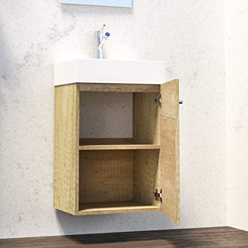 Conjunto De Mueble De Baño 45cm. Distribución De Una Puerta, Suspendido En Pared, con Lavabo cerámico y Espejo. Acabado Nature. Melamina 16. Las Medidas del Mueble Son 45 x 60 x 36 cm. Mueble MONTADO