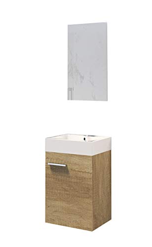 Conjunto De Mueble De Baño 45cm. Distribución De Una Puerta, Suspendido En Pared, con Lavabo cerámico y Espejo. Acabado Nature. Melamina 16. Las Medidas del Mueble Son 45 x 60 x 36 cm. Mueble MONTADO