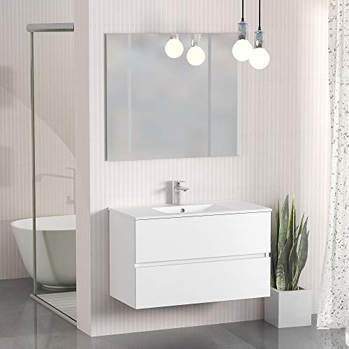 Conjunto de Mueble de Baño Onyx. Mueble 90cm, 2 cajones, suspendido en Pared, con Lavabo cerámico, y Espejo. Varios Acabados y Medidas. Mueble Montado.