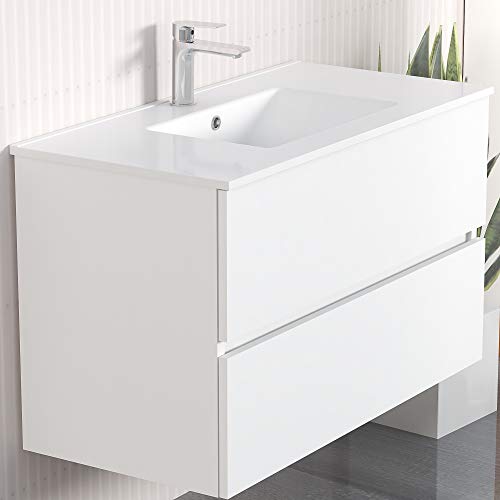 Conjunto de Mueble de Baño Onyx. Mueble 90cm, 2 cajones, suspendido en Pared, con Lavabo cerámico, y Espejo. Varios Acabados y Medidas. Mueble Montado.