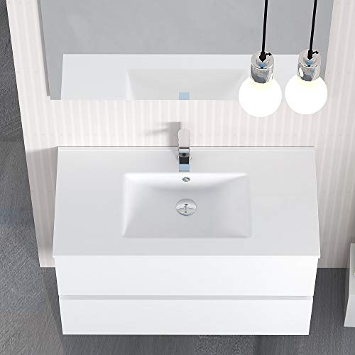 Conjunto de Mueble de Baño Onyx. Mueble 90cm, 2 cajones, suspendido en Pared, con Lavabo cerámico, y Espejo. Varios Acabados y Medidas. Mueble Montado.