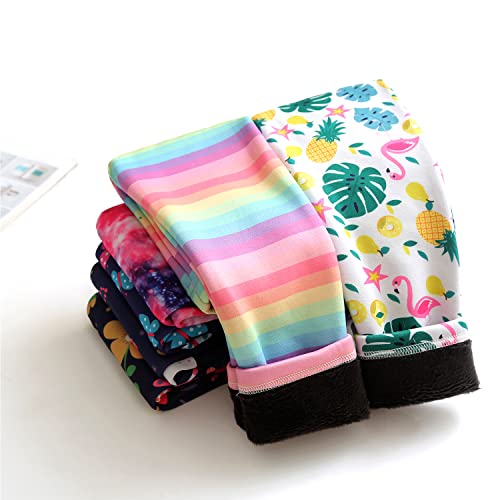 Conjunto de polainas con forro polar para niñas, pantalones térmicos gruesos, algodón colorido, pantalones cálidos de invierno, mallas estampadas florales, Unicornio + arco iris, 5-6 Años