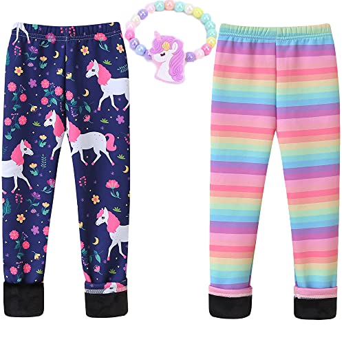 Conjunto de polainas con forro polar para niñas, pantalones térmicos gruesos, algodón colorido, pantalones cálidos de invierno, mallas estampadas florales, Unicornio + arco iris, 5-6 Años