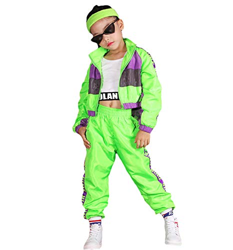 Conjunto de Ropa de Hip Hop para niñas de 3 Piezas, Traje de Baile Callejero para niños, Chaleco Recortado, Chaqueta Verde Fluorescente y Pantalones de chándal (Verde, 5-6 años)