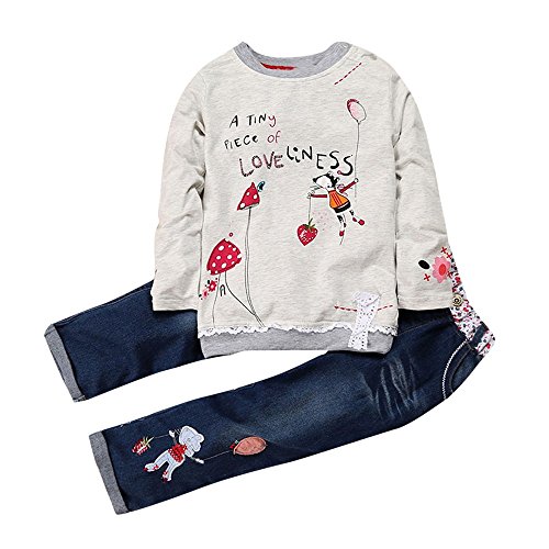 Conjunto de Ropa Niña Otoño Invierno, Fossen 1-5 años Bebe Camisetas Estampados de Dibujos Animados y Vaqueros (5 años, Gris)