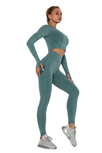 Conjunto Deportivo Mujer Fitness Verano Chandal 2 Piezas Leggins y Camiseta Crop Top Manga Larga Deporte Traje de Gimnasia Ropa Malla para Running Yoga Pilates Danza Sportwear Tracksuit Sweatsuit