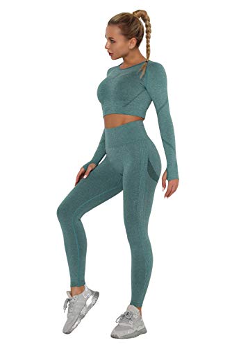 Conjunto Deportivo Mujer Fitness Verano Chandal 2 Piezas Leggins y Camiseta Crop Top Manga Larga Deporte Traje de Gimnasia Ropa Malla para Running Yoga Pilates Danza Sportwear Tracksuit Sweatsuit