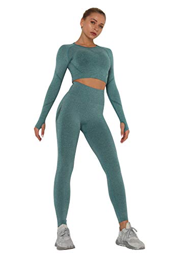 Conjunto Deportivo Mujer Fitness Verano Chandal 2 Piezas Leggins y Camiseta Crop Top Manga Larga Deporte Traje de Gimnasia Ropa Malla para Running Yoga Pilates Danza Sportwear Tracksuit Sweatsuit