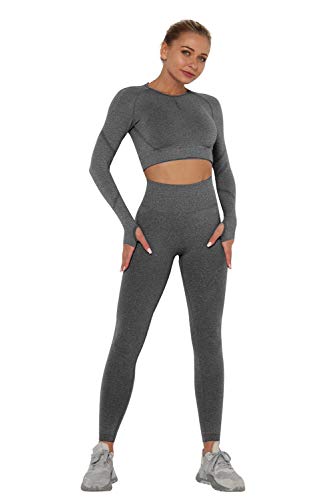 Conjunto Deportivo Mujer Fitness Verano Chandal 2 Piezas Leggins y Camiseta Crop Top Manga Larga Deporte Traje de Gimnasia Ropa Malla para Running Yoga Pilates Danza Sportwear Tracksuit Sweatsuit