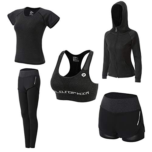 Conjunto Yoga 5 Piezas Conjuntos Deportivos para Mujer Yoga Fitness Deporte Chándales Ropa Deportiva Mujer Ropa de Correr Conjunto de Gimnasio Ejercicio Carrera Entrenamiento Transpirable Cómodo