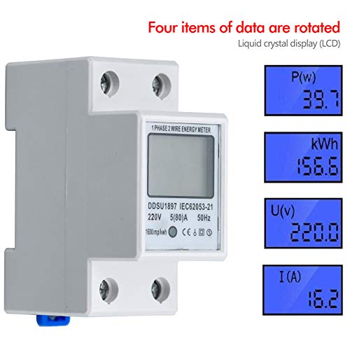 Contador Eléctrico Monofásico, 5(80) A, 230V, Contador Eléctrico Digital de 2 Hilos, 2 cables DIN KWh