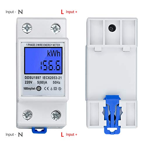 Contador Eléctrico Monofásico, 5(80) A, 230V, Contador Eléctrico Digital de 2 Hilos, 2 cables DIN KWh