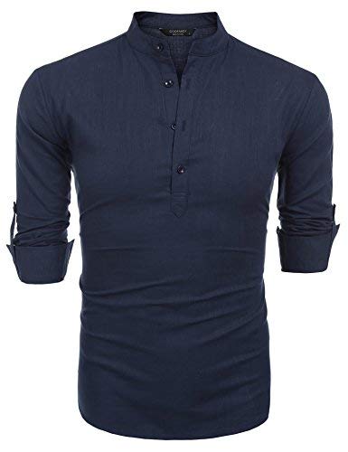 COOFANDY Camiseta de manga larga para hombre, algodón y lino, estilo hippie, azul oscuro, XXL