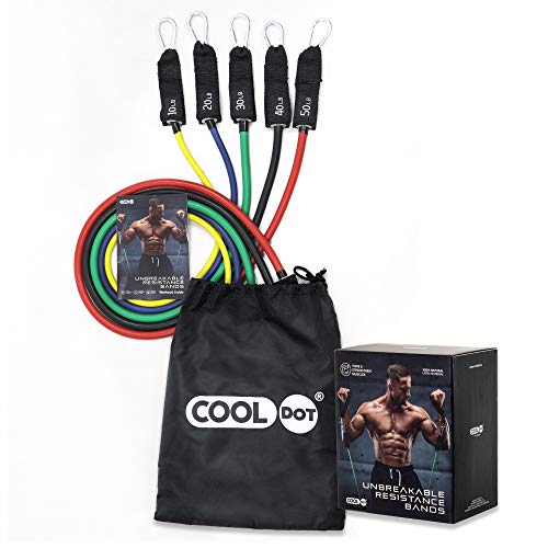 COOLDOT Bandas Resistencia Elásticas - Juego 11 pcs - 5 Niveles Tensión Gomas Fitness Musculación Entrenamiento en Casa Incluye Anclaje Puerta + Correas Tobillos + Agarres Acolchados + Guía + Bolsa