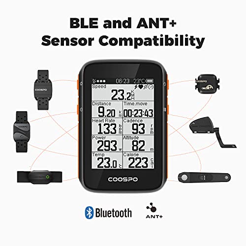 COOSPO Ordenador de Bicicleta GPS Inalámbrico Bluetooth 5.0 y Ant + Ciclocomputador Automática Pantalla LCD Grande de 2,4 Pulgadas