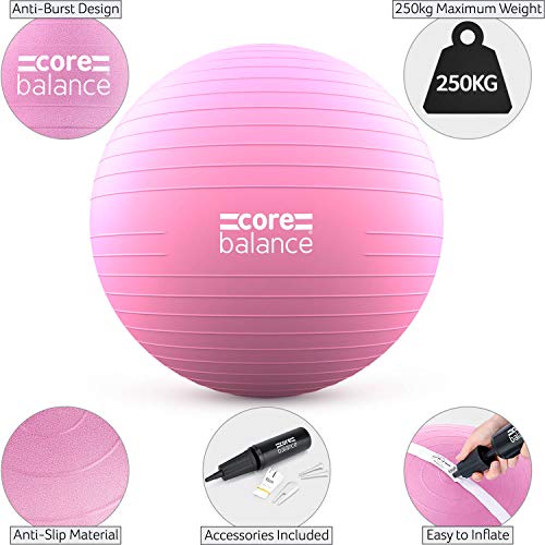 CORE BALANCE, Pelota de Pilates, Fitness, Yoga, Embarazo, Fitball para Ejercicios Gimnasia - Muy Resistente – Tamaño 55cm 65cm 75cm 85cm - Hinchador Incluido