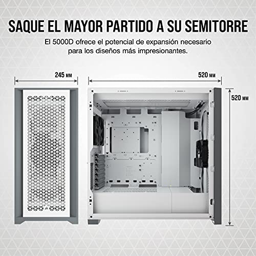 Corsair 5000D Airflow Chasis de PC ATX Semitorre con Cristal Templado (Panel Frontal con un Caudal de Aire Elevado, Sistema de Gestión del Cableado RapidRoute, Dos Ventiladores de 120 mm) Color Blanco