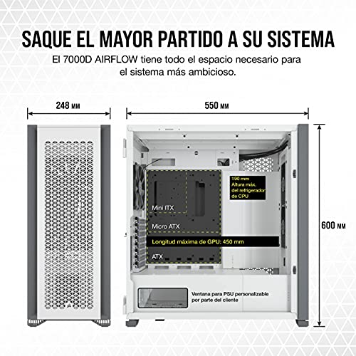 Corsair 7000D AIRFLOW Chasis para PC ATX Full-Tower, Panel Frontal con Un Caudal de Aire Elevado, Tres Ventiladores de 140 mm Incluidos con Repetidor PWM, Espacioso Interior, Blanco