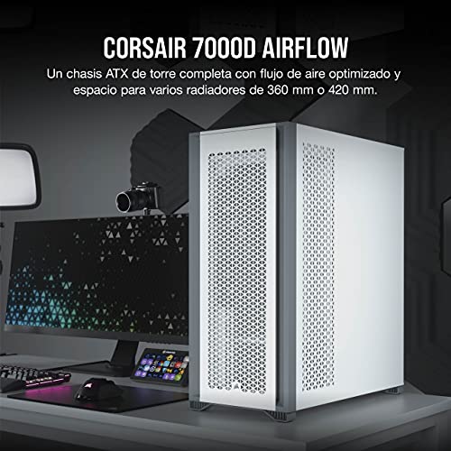 Corsair 7000D AIRFLOW Chasis para PC ATX Full-Tower, Panel Frontal con Un Caudal de Aire Elevado, Tres Ventiladores de 140 mm Incluidos con Repetidor PWM, Espacioso Interior, Blanco