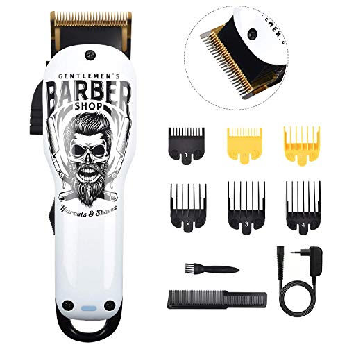 Cortapelos Profesional Hombres, BESTBOMG Máquina Cortar Pelo Kit Cuchilla de Titanio y Cerámica 6 Peine-guía, Cortadora de Pelo Batería Recargable de Litio 2000mAh (Blanco)