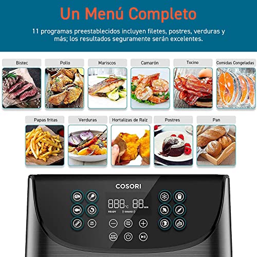 COSORI Freidora sin Aceite 5,5 L, freidora aire caliente con 100 recetas en español, 11 programas, pantalla LED táctil, cesta antiadherente, temporizador, 1700W