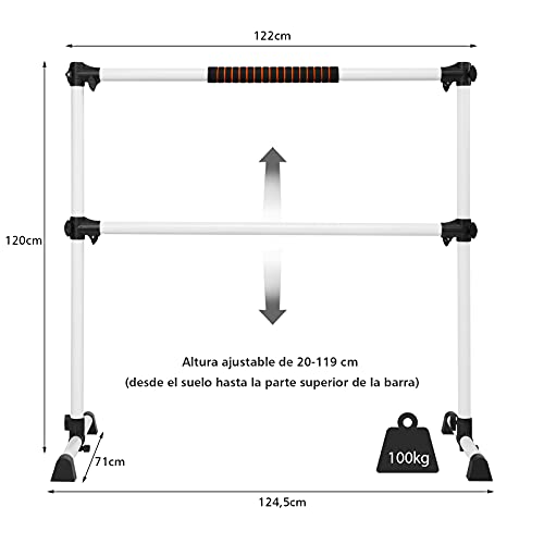 COSTWAY Barra de Ballet Independiente Móvil Altura Regulable Barra de Estiramiento Desmontable Barra de Ballet de Hierro Carga hasta 50 kg (Blanco Plateado)