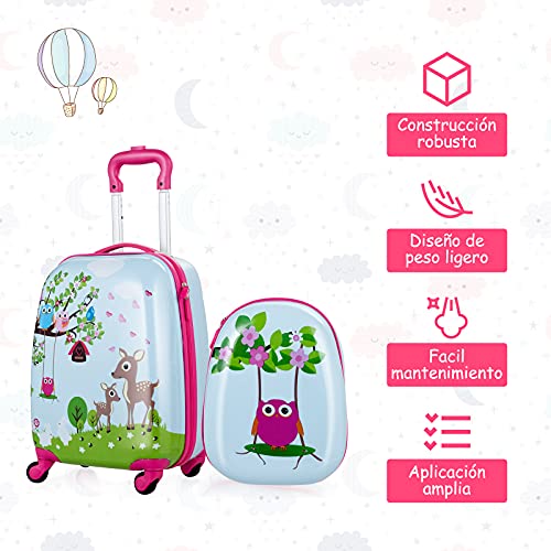 COSTWAY Equipaje Infantil de Viaje Juego de Mochila y Maleta para Niños Maleta de 4 Ruedas Giratorias (Ciervo y búho)