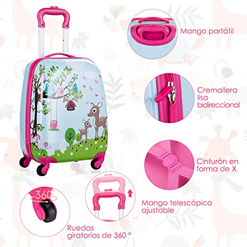 COSTWAY Equipaje Infantil de Viaje Juego de Mochila y Maleta para Niños Maleta de 4 Ruedas Giratorias (Ciervo y búho)