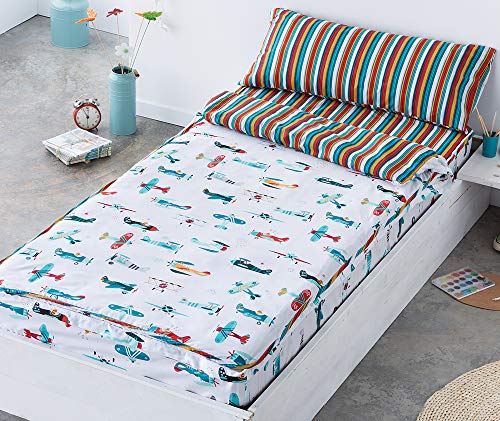 COTTON ARTean Saco nordico con Relleno AVIONCITOS para Cama 90 x 190/200 + 1 Funda de Almohada. Saco Unido a la Bajera con Cremallera. con Relleno nórdico.