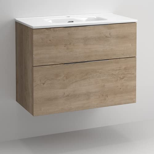 Coycama Mueble de baño Comet suspendido a Pared Fondo Reducido 2 Cajones y Lavabo Cerámico (Roble Natural, 60)