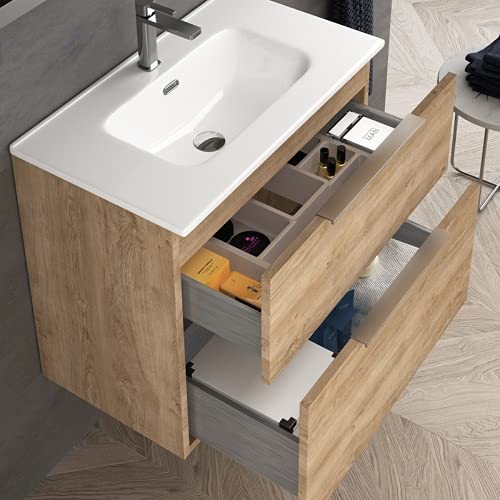 Coycama Mueble de baño Comet suspendido a Pared Fondo Reducido 2 Cajones y Lavabo Cerámico (Roble Natural, 60)