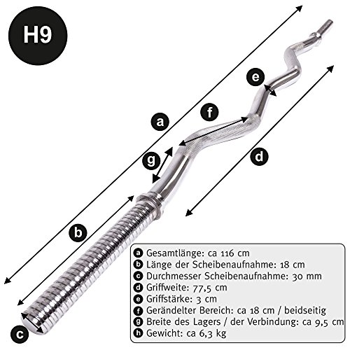 C.P. Sports - Barras de musculación de 30 mm, incluye barra larga, barra corta, barra z o curvada con cerradura con mancuernas, 115-220 cm, cromada y moleteada, Barra SZ con cierre de estrella.