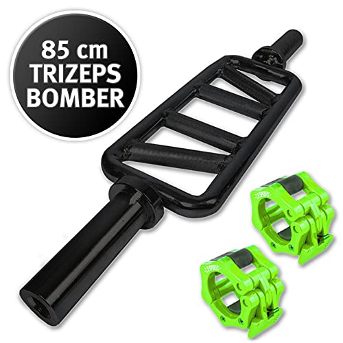 C.P. Sports - Bomber de tríceps 85 cm, para discos con orificio de 50 mm, acero macizo, negro, incluye cierres rápidos, para culturismo, levantamiento de pesas, deportes de fuerza, fitness